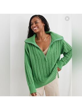 Aerie Cable Car Quarter Zip Green Oversized Sweater size XXS